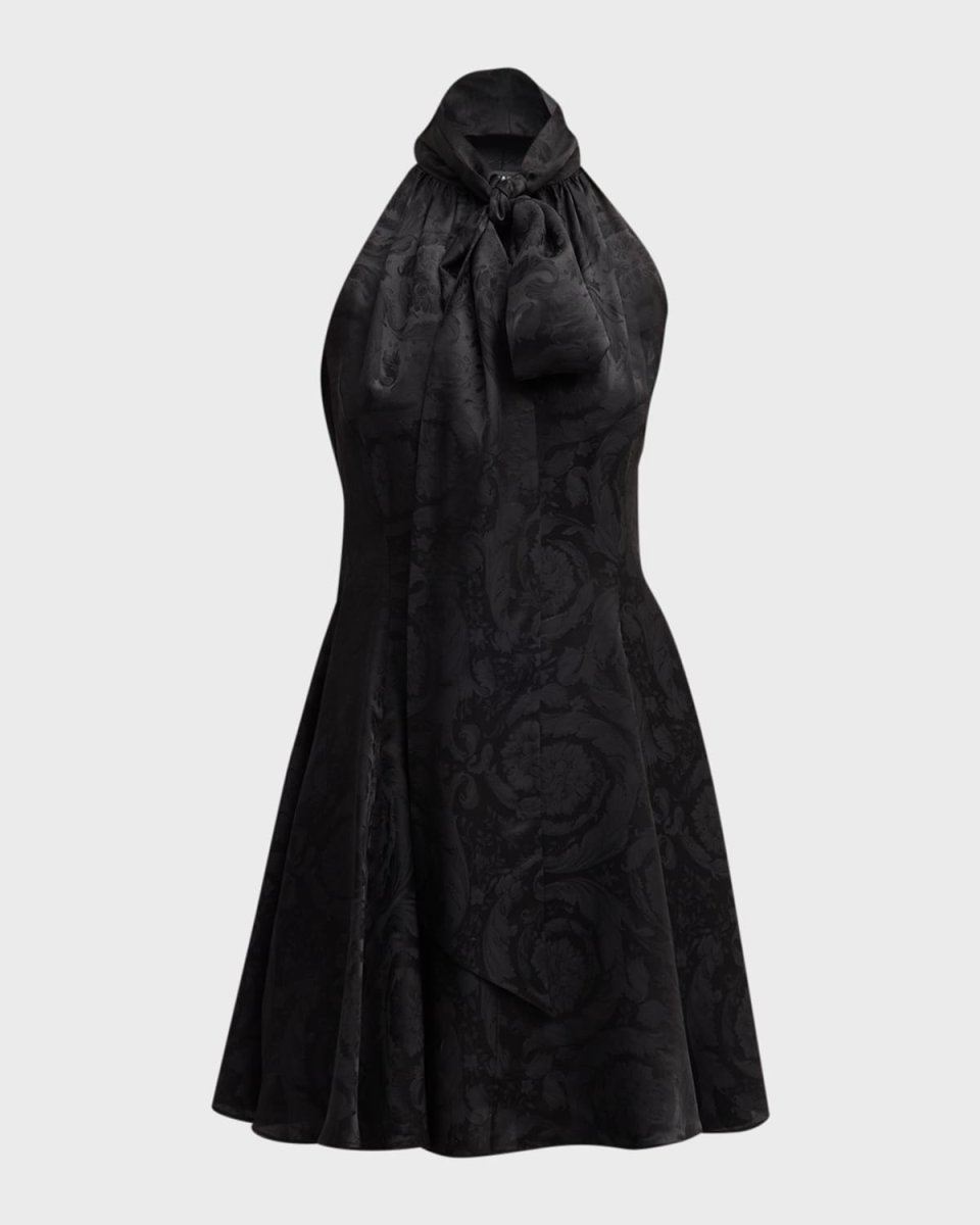 Baroque-Print Tie-Neck Sleeveless Mini Dress